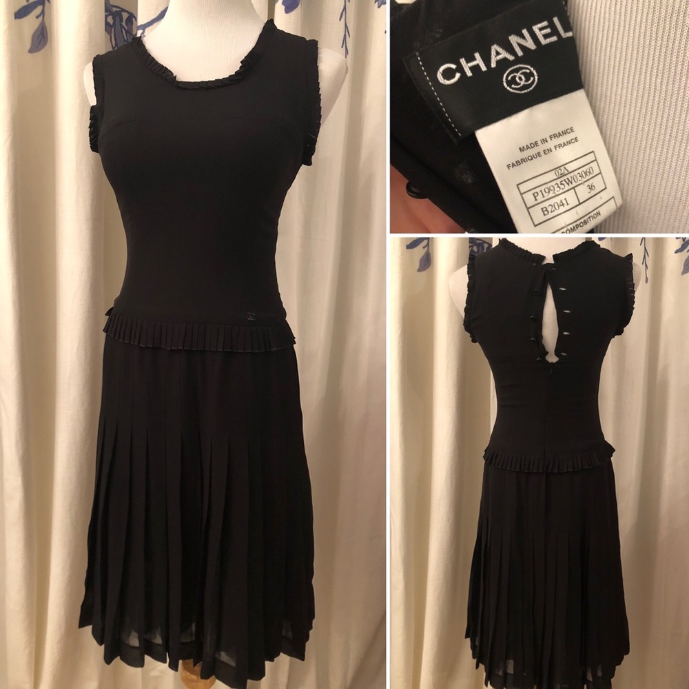 Chanel silk black dress pleated skirt